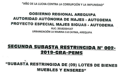 SEGUNDA SUBASTA RESTRINGIDA N° 002-2019-GRA-PEMS